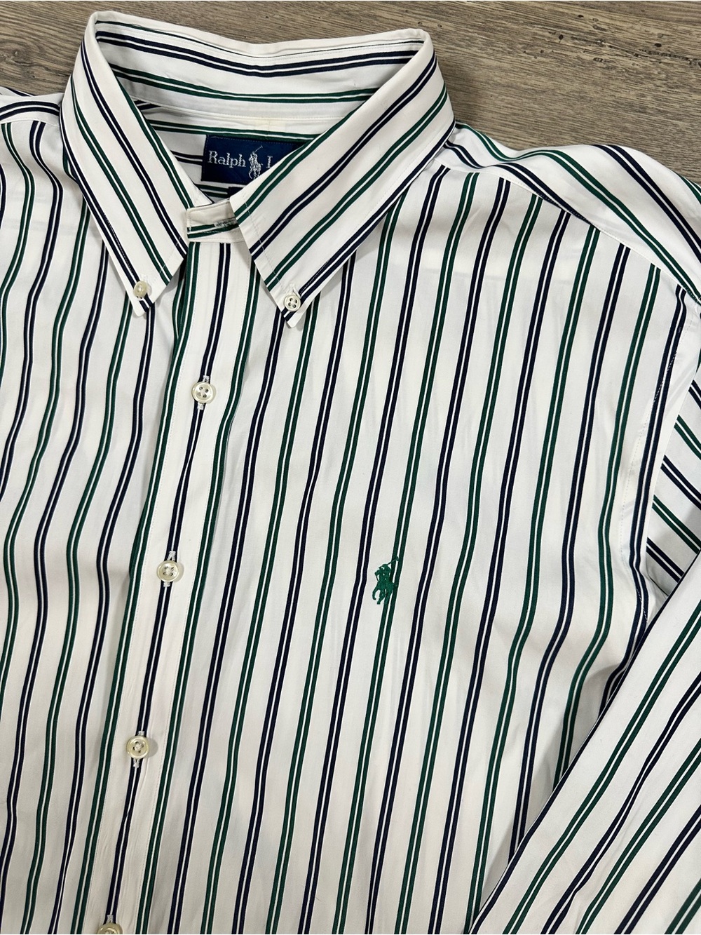 Ralph Lauren White Button-Down Shirt with Green & Navy Stripes